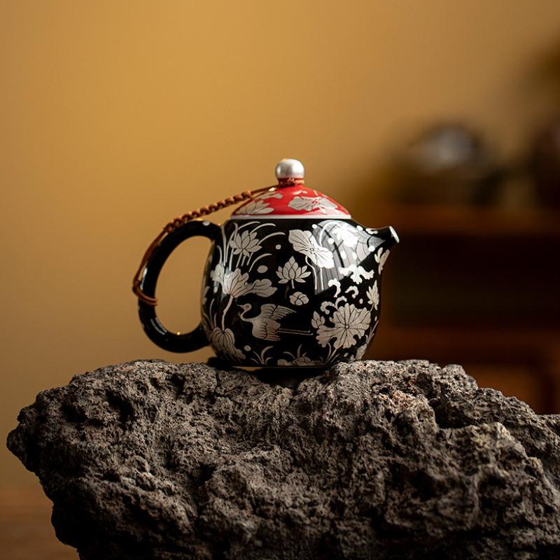 Black Glazed Silver Pattern Ceramic Sketch Pot KungFu TeaSet Household Ball Hole Filter Teapot A Heron Lotus Life Dragon Dan Pot