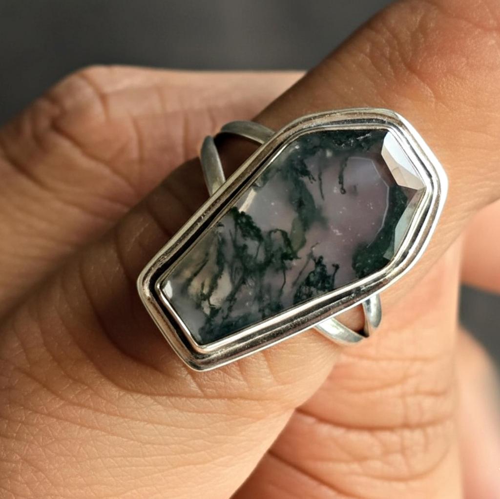 Anel de caixão, anel de ágata musgo, anel de prata esterlina sólida 925, joias artesanais, anel boho, anel de pedra preciosa verde, anel de declaração, anel de promessa