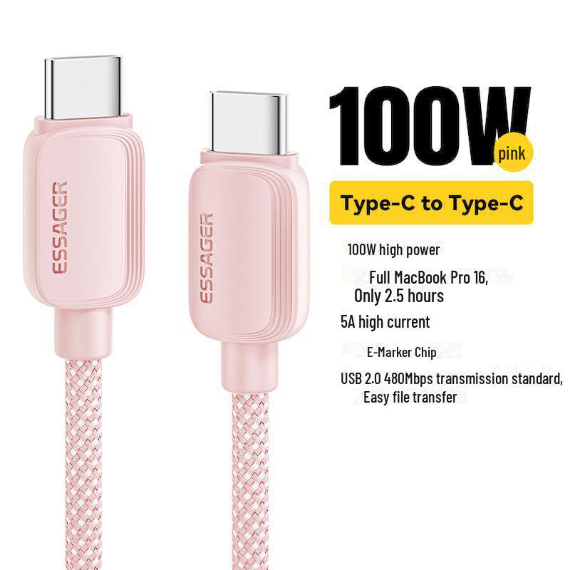 

ESSAGER Двойной кабель Type-C PD для быстрой зарядки 100 Вт для Apple и ноутбука 1 meter