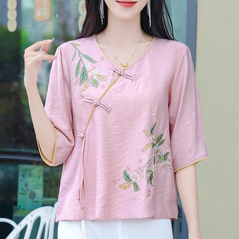 Womens Chinese Style Floral Embroidered Blouse XL розовый