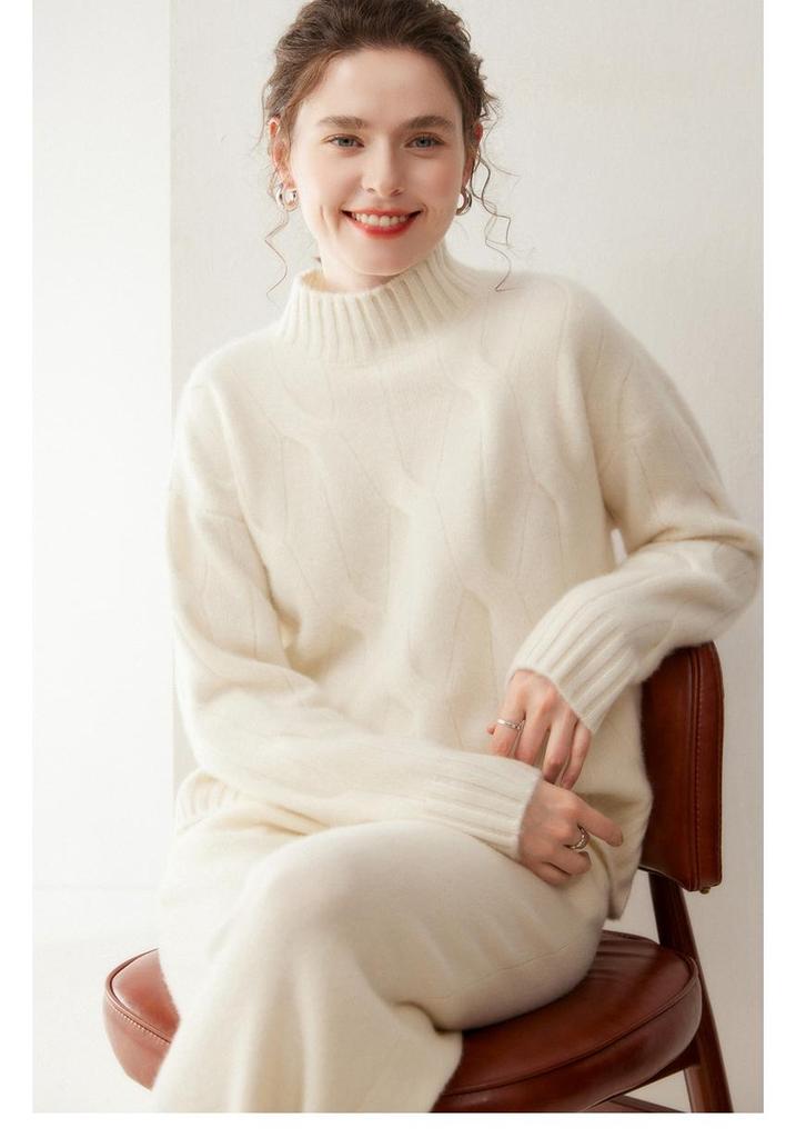 Women's Cashmere Half-High Neck Cable Knit Pullover - Thick, Loose & Cozy for Autumn/Winter.