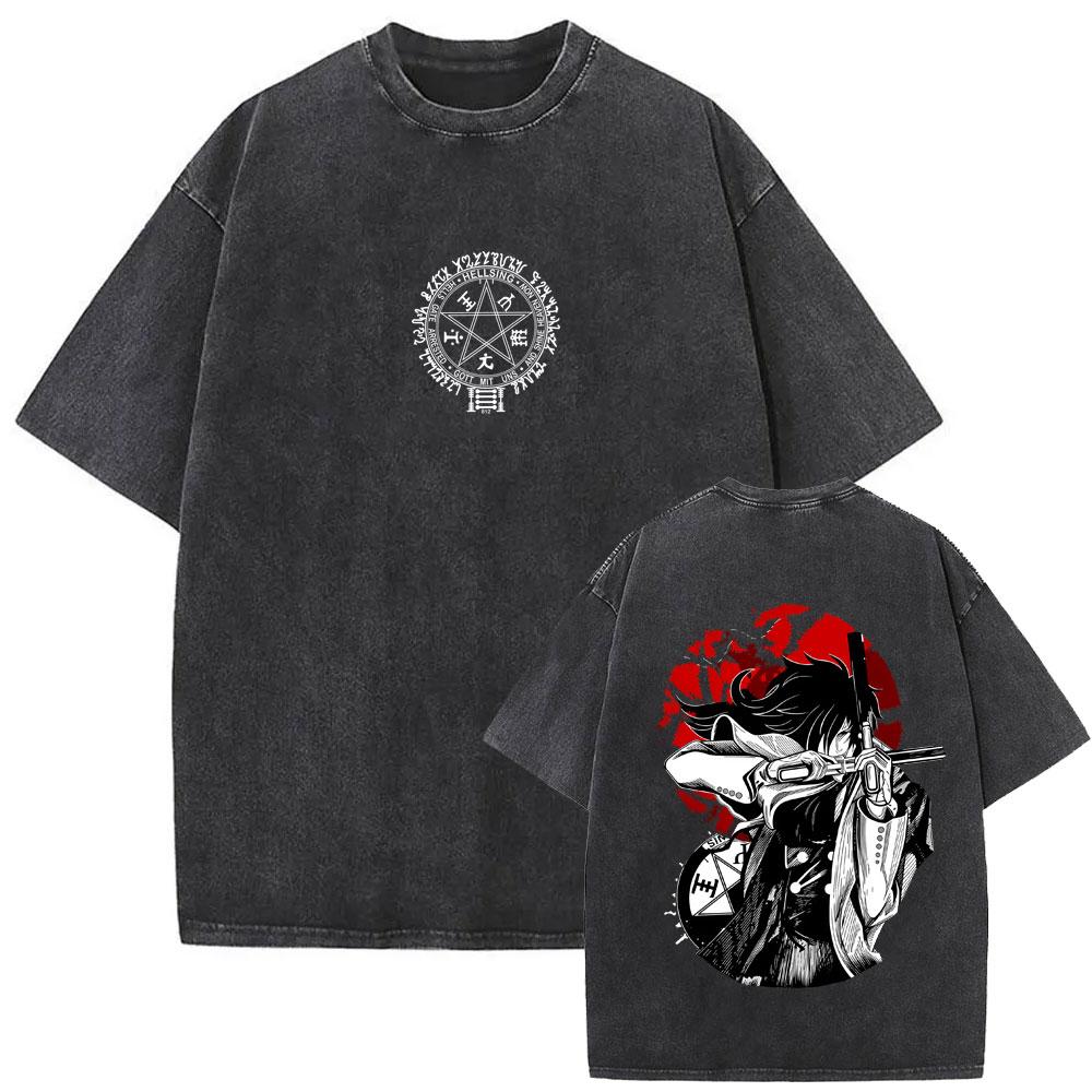 Washed Vintage Anime Hellsing Yumie Takagi Graphic T-shirt Vampire Alucard Merch T-shirts Men s Gothic Manga Oversized T Shirts S разноцветный