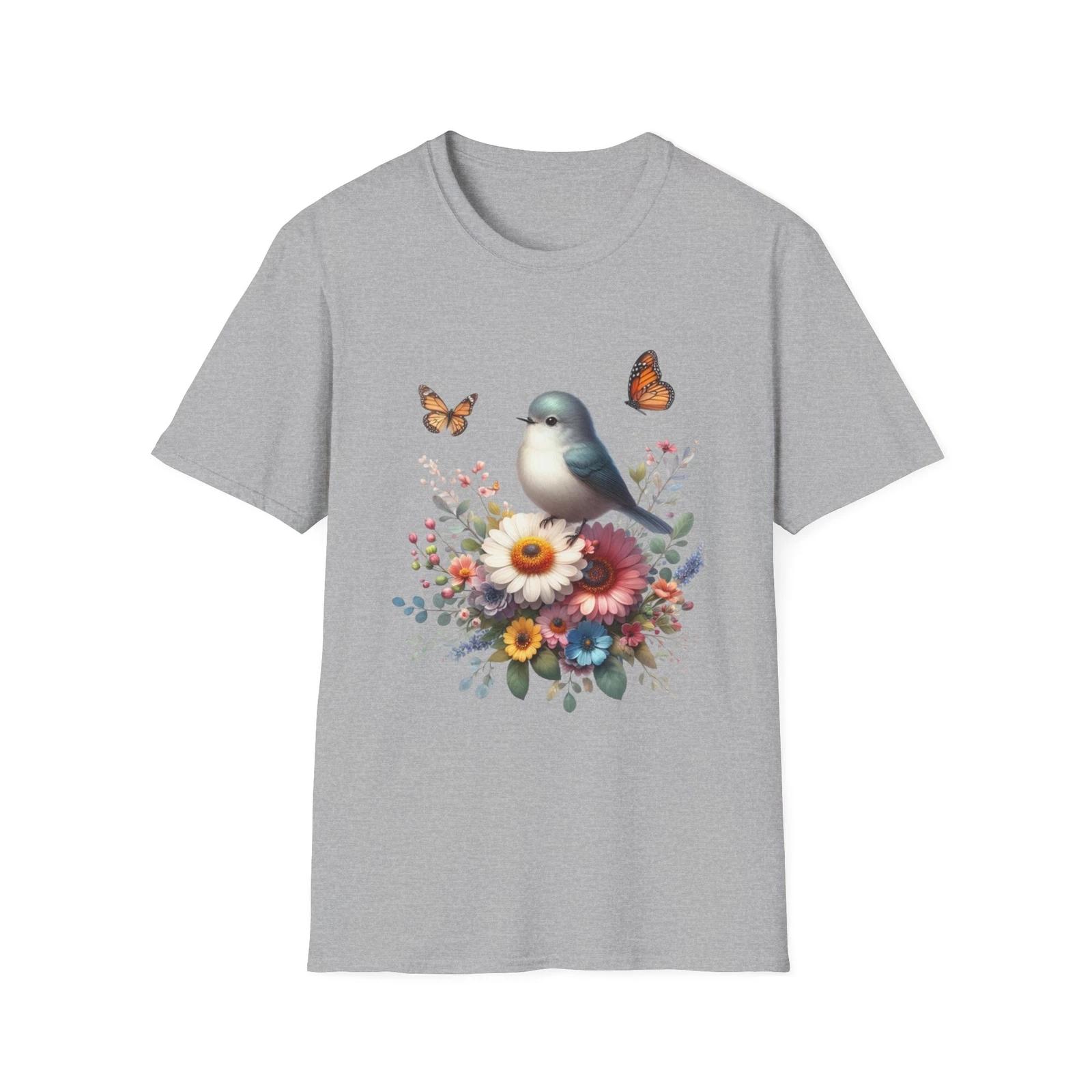 Floral Bird Graphic T-Shirt, Cute Nature Tee, Gift for Bird Lovers, Butterfly M