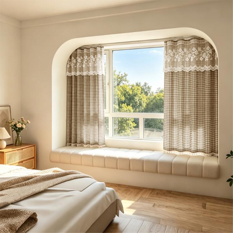 Kitchen Short Curtain Panel with Top, Light Filtering Polyester Privacy Panel and Trim Accent Style Window Drape