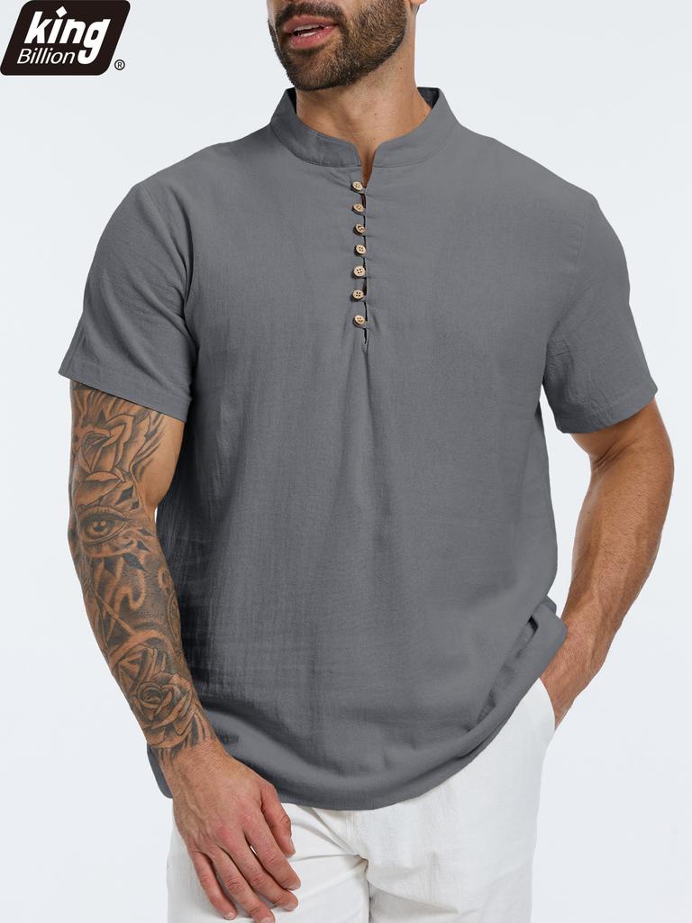 Yaz Yeni Erkek Pamuk Keten Tişört Kısa Kollu Nefes Alabilir Hafif Düz Renk Erkek Moda Henley Yaka Düğmeli Üst
