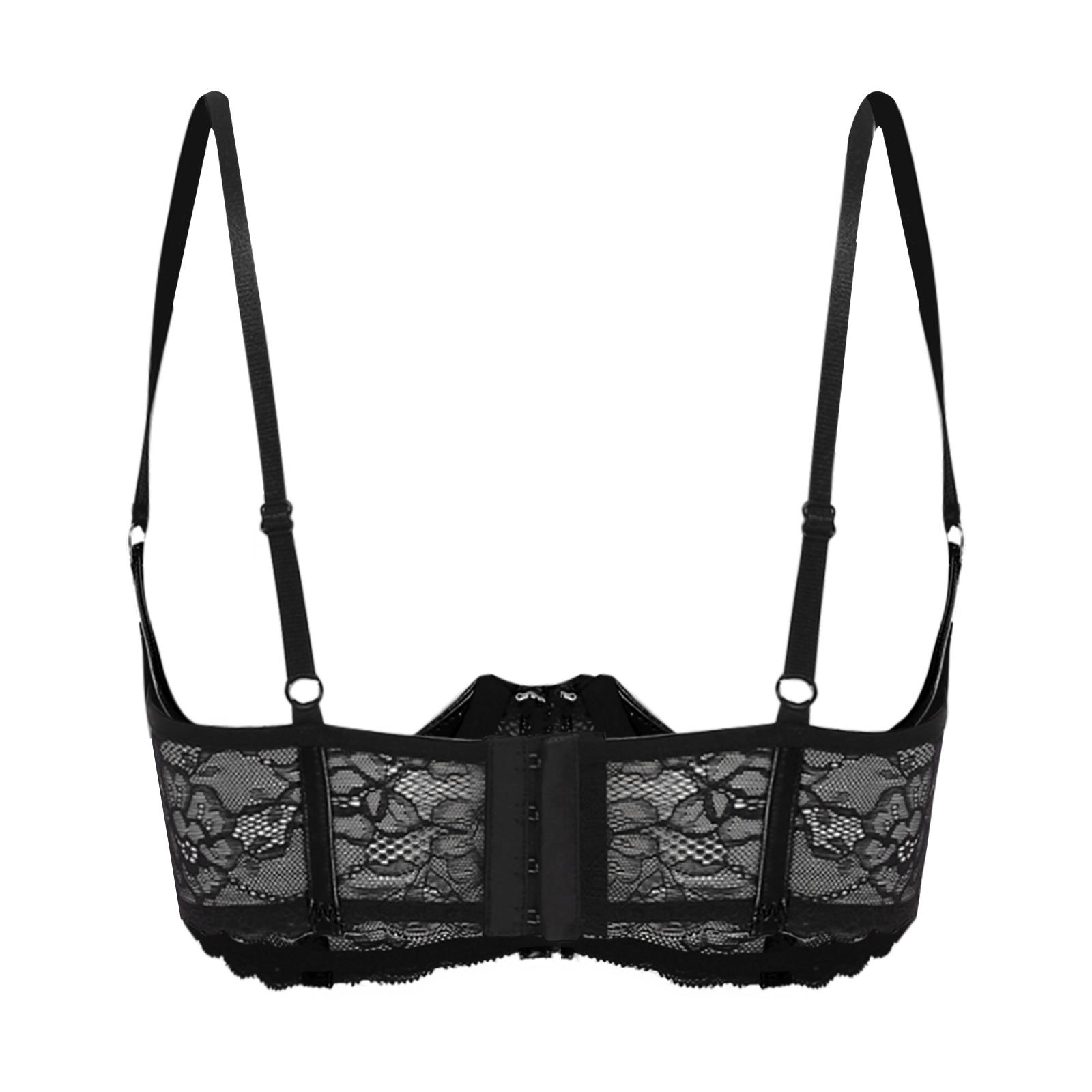 Damen-Bügel-BH aus Lackleder mit 1/3 Körbchen, verstellbare Schultergurte, Büstenhalter mit floraler Spitze, Dessous-Unterwäsche S schwarz