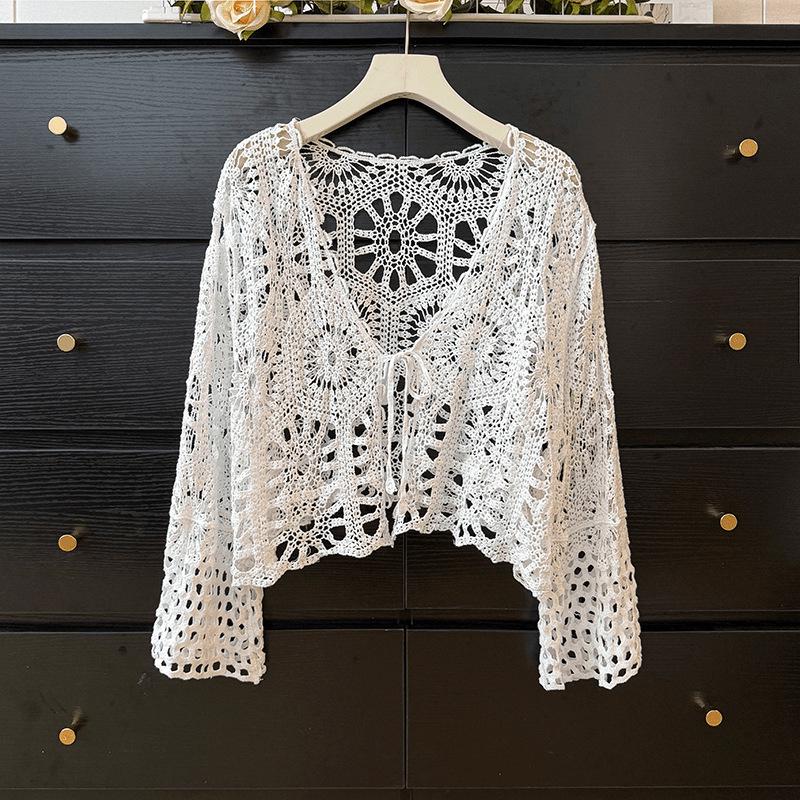 

Bohemian Crochet Tie-Up Knit Cardigan - Women s Long Sleeve Sun Protection Top One Size