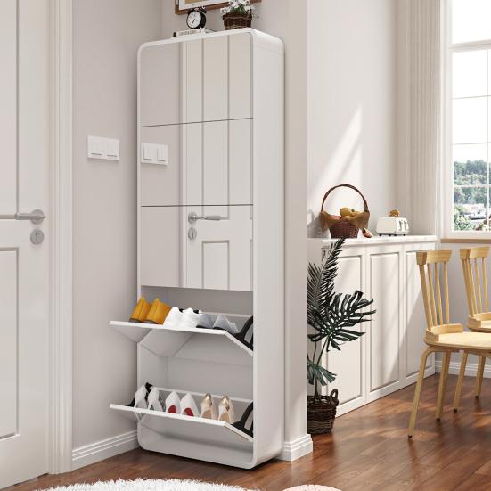 Mirror Shoe Rack Cabinet with 5 Flip Drawers, Mirrored Shoe Cabinet with Arc Design, Freestanding Tipping Shoe Organizer, Entryway,