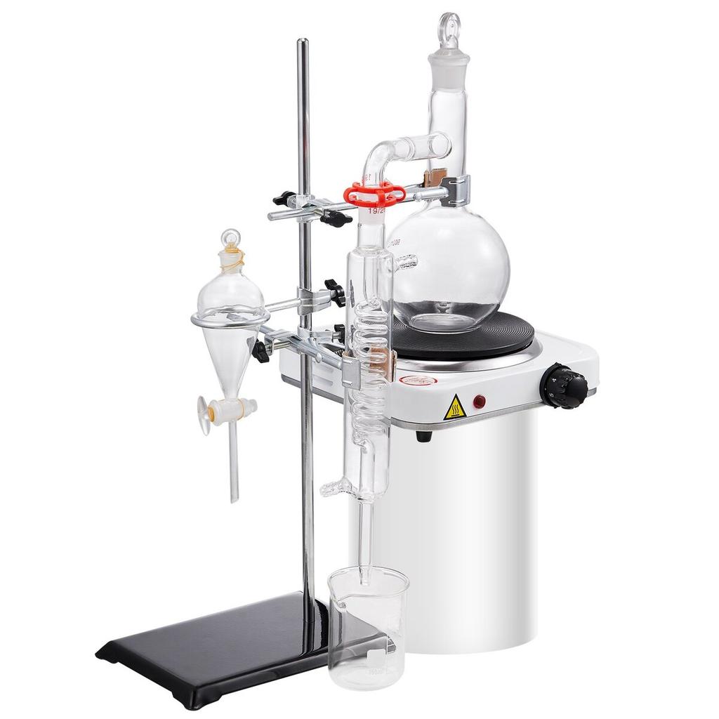 Essential Oil Distillation Kit, 500ml Distillation Apparatus, 3.3 Boro Lab Glassware Distillation Kit with 1000W Heating Plate and 24, 40 Joint, 33