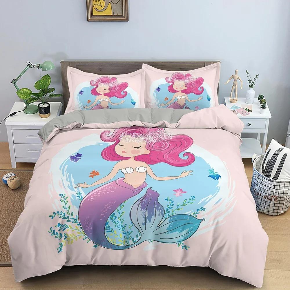 Cartoon Mermaid Pattern Duvet Cover Bedding Set Children Bedroom Decor QuiltComforter Cover King Twin Single Size Bedclothes