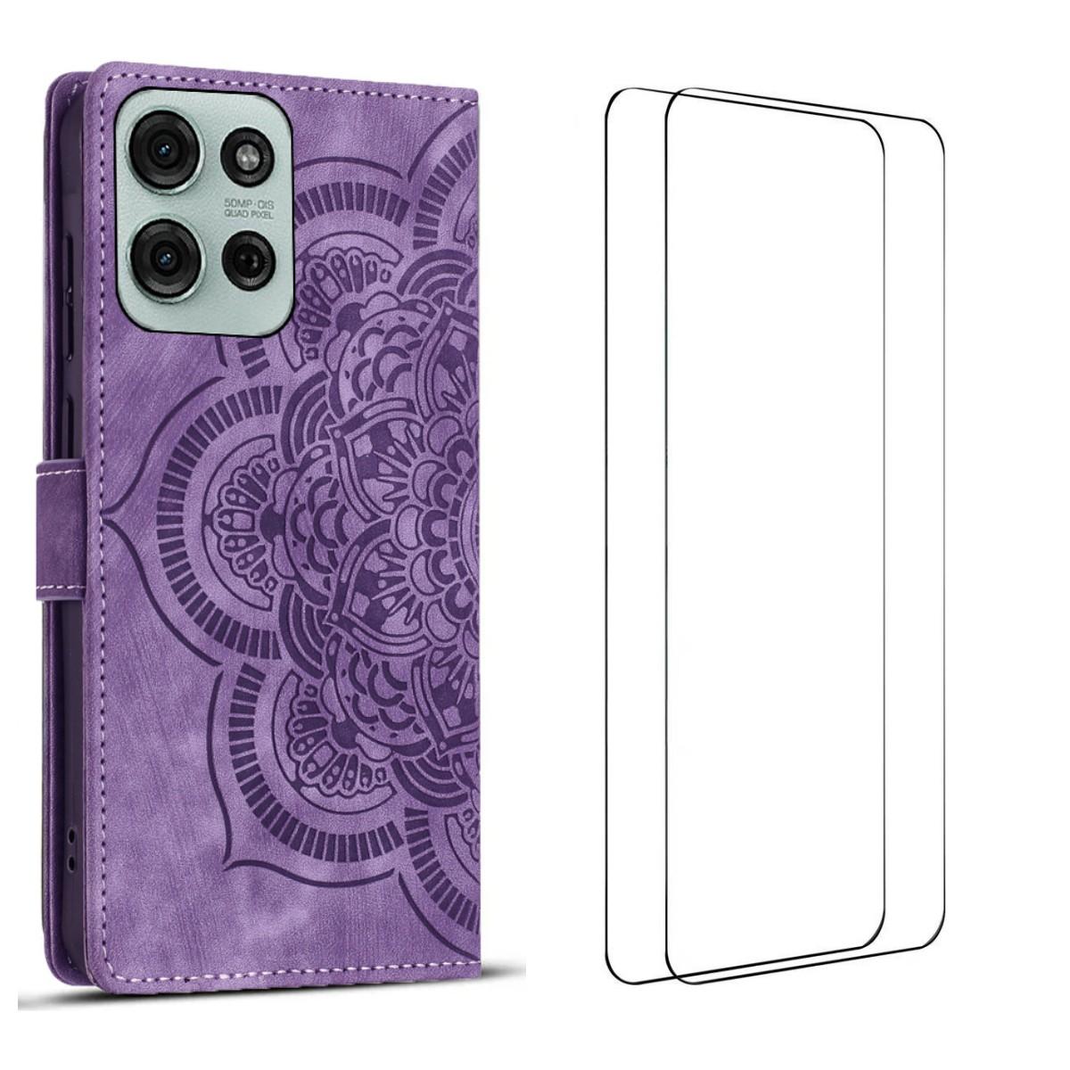 

For Motorola Moto G75 5G Case with 2Pcs Tempered Glass WANLONFENG MTL Series Mandala Leather Phone Cover Purple