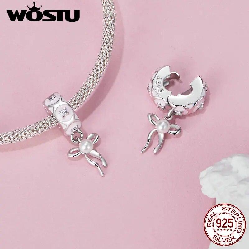 WOSTU 925 sterlingsølv rosa ballett jente sjarmsløyfe sikkerhetskjede drømmende hjerte perlepass original armbånd DIY eventyrgave