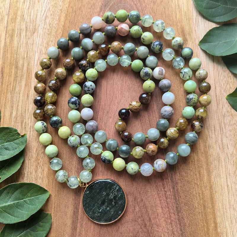 108 Beads Hand Knotted Mala Necklace,Prehnite,Garnet,Green Jasper,JapaMala,Meditation,Natural Healing Crystals,Yoga Prayer Gift