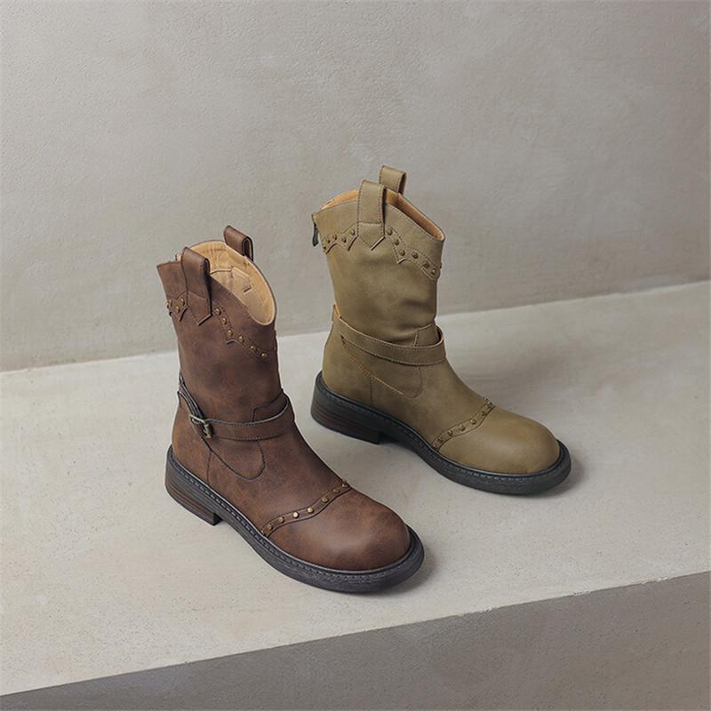 Moda Outono Inverno Couro Dividido Botas Femininas Moda Rebite Bico Redondo Sapatos para Mulheres Botins Mulher Salto Baixo Botas Western