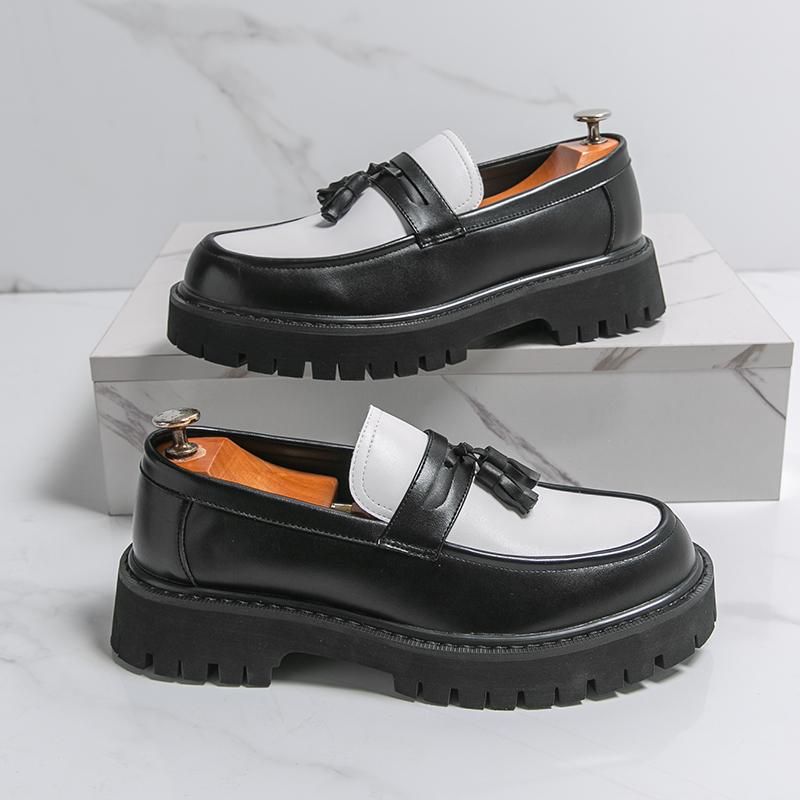 Korean Style Black and White Color Blocking Surface Thick Bottom Tassels Casual Slip on Non-slip Fashionable Men's Loafer Shoes