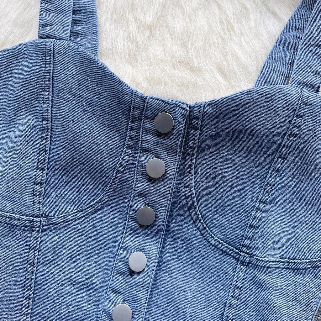 Hongkongský styl Retro Džínový top Dámský Design Jednořadé Slim fit Krátký Pupík Sexy Gyaru Sle Cami Móda