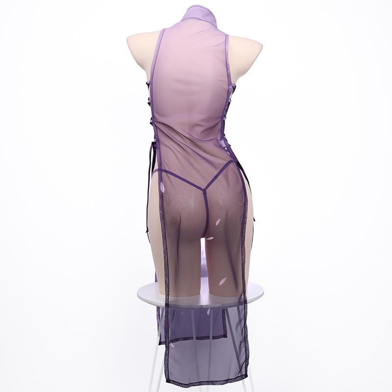 XXOO Anime Sakura Cheongsam Mundurek Cosplay Kobiety Siateczkowa Przezroczysta Sukienka w Kwiaty Fioletowe Qipao Temperament Bielizna Erotyczny Kostium