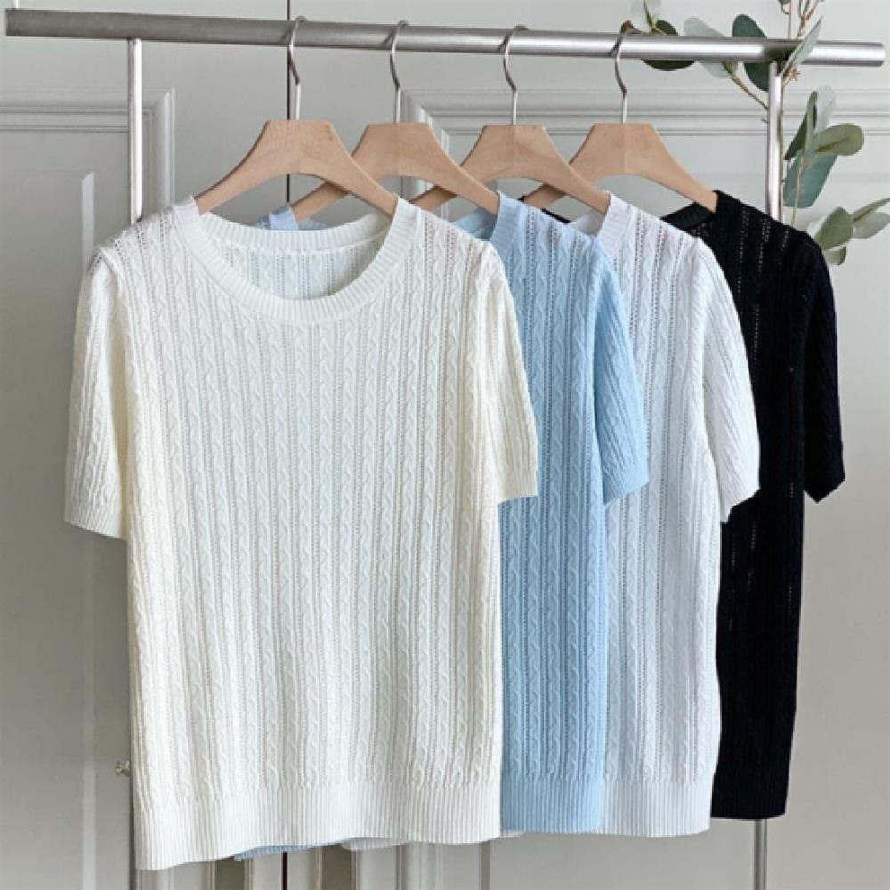 New Arrivals Open Run Women Cable Knit Round Neck Short Sleeve Sweater
