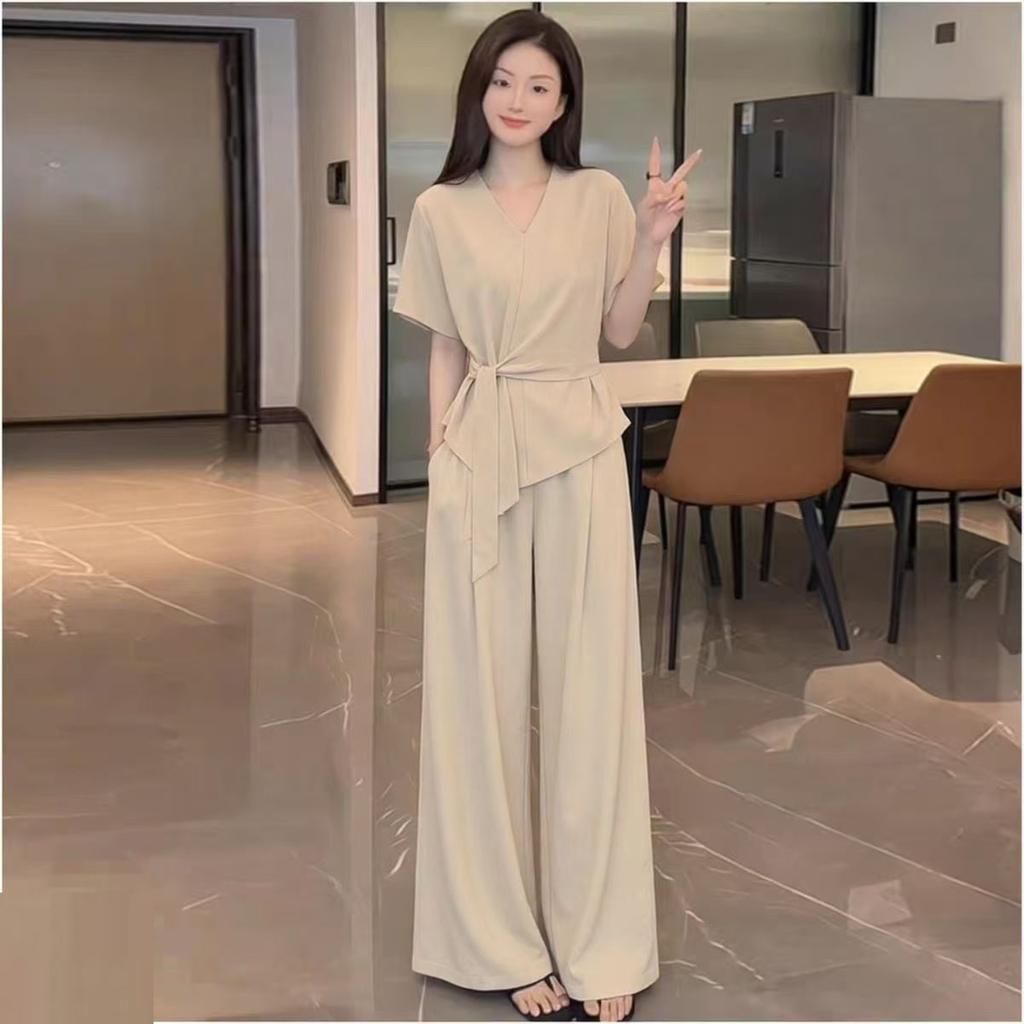 Women's V Neck Short Sleeve Loose Fit Top High Waist Wide Leg Pants 2-Piece Set
