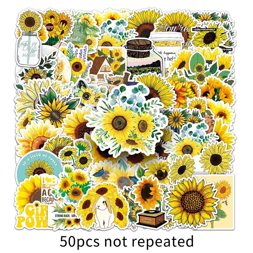 50 Sunflower Cartoon Stickers - DIY Color Plant Decoration for Milk Tea Cups