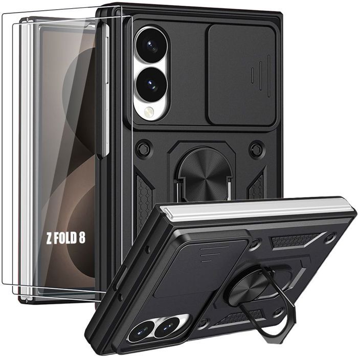 Custodia per Samsung Galaxy Z Fold 8, Bumper con Supporto Protezione Fotocamera - Nera con 2 Vetri Temperati
