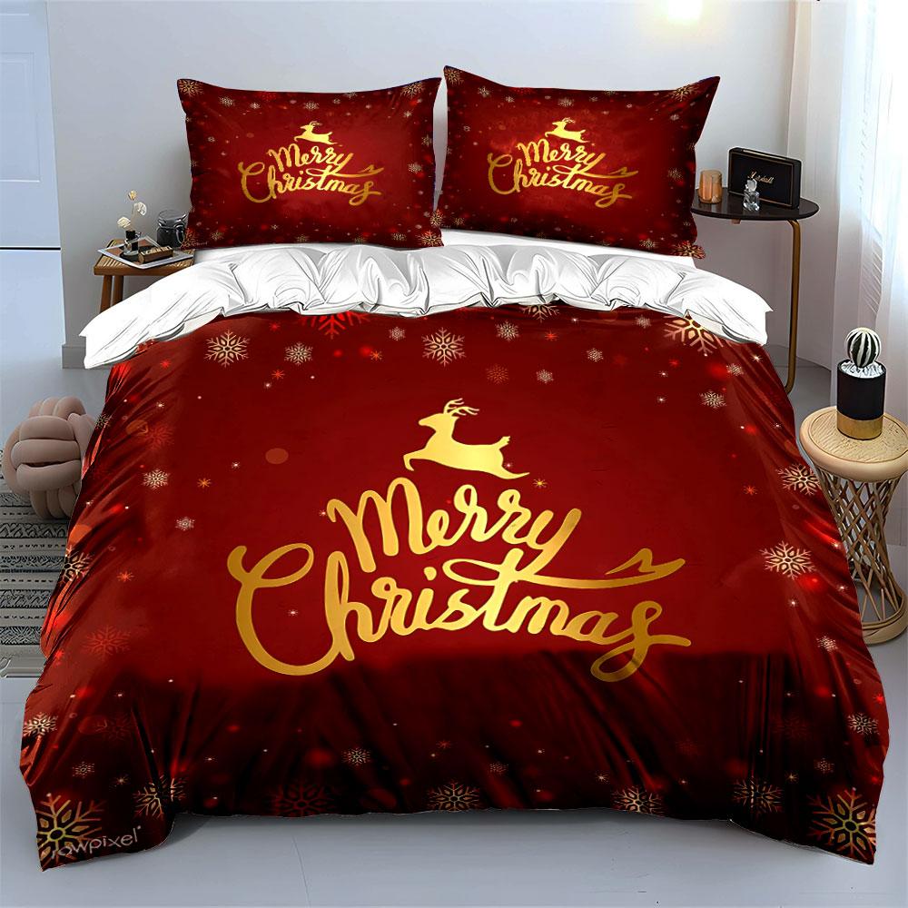 Merry Christmas Red Festive Set Bedding Duvet Cover Set Duvet Cover Pillowcases  (1*Duvet Cover 2*Pillowcases, Without Duvet Insert)