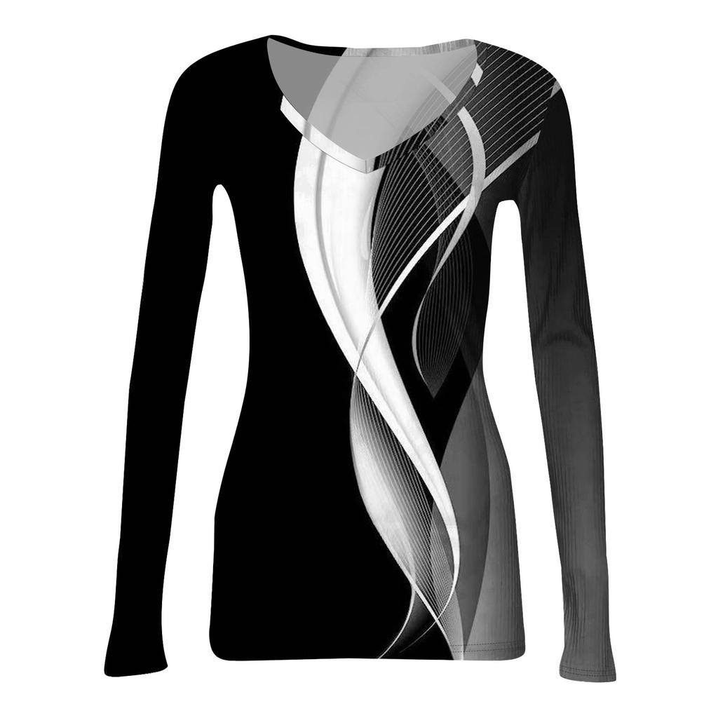 Women's Winter Slim-Fit Base Layer T-Shirt Fashionable Print V-Neck Pullover Long-Sleeved Top