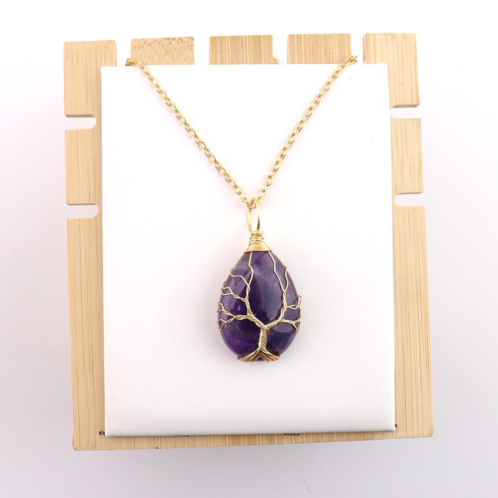 Natural Stone Crystal Agate Water Drop Winding Silk Tree Of Life Pendant Necklace Sweater Chain Water Drop Rough Stone N781