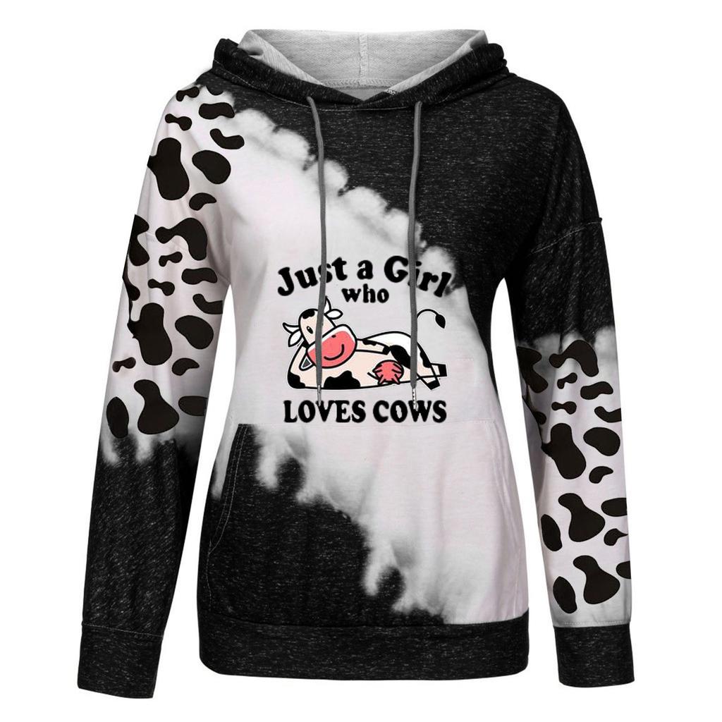 Camicie casual da donna con stampa mucca carina, manica lunga, girocollo, girocollo
