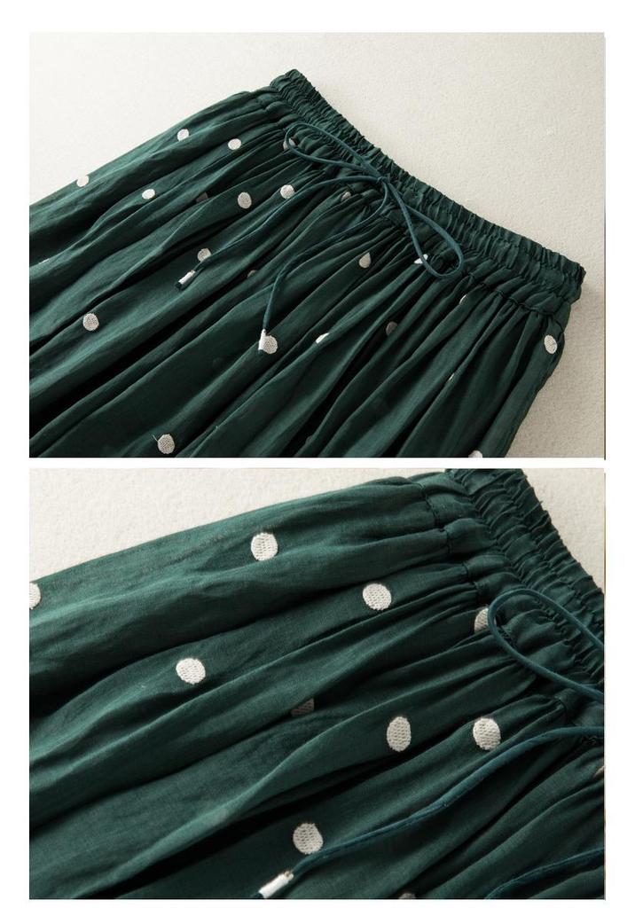 2025 Spring/Summer Women's Cotton Linen Polka Dot Pleated Midi Skirt with Elastic Waist