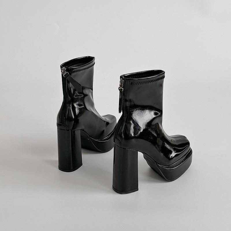 Fashion high sense super high heel thin boots women's autumn and winter Korean version thick heel leather boots non-slip rear zipper short boots