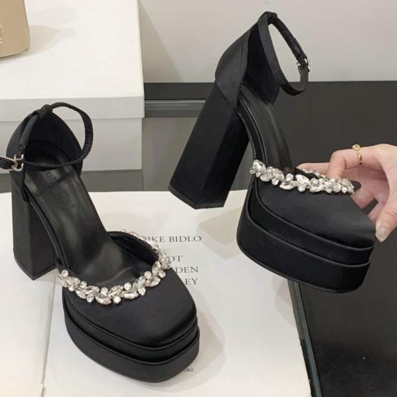 Fashion Luxury Rhinestone Satin Women Sandals Waterproof Double Platform Heeled Shoes Woman 12 Cm Super High Heel Party Prom Women Shoes