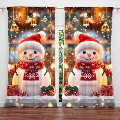 2pcs Cute Christmas Snowman Printed Curtain for Christmas Home Decor - Rod Pocket Window Treatment for Bedroom, Office, Kitchen