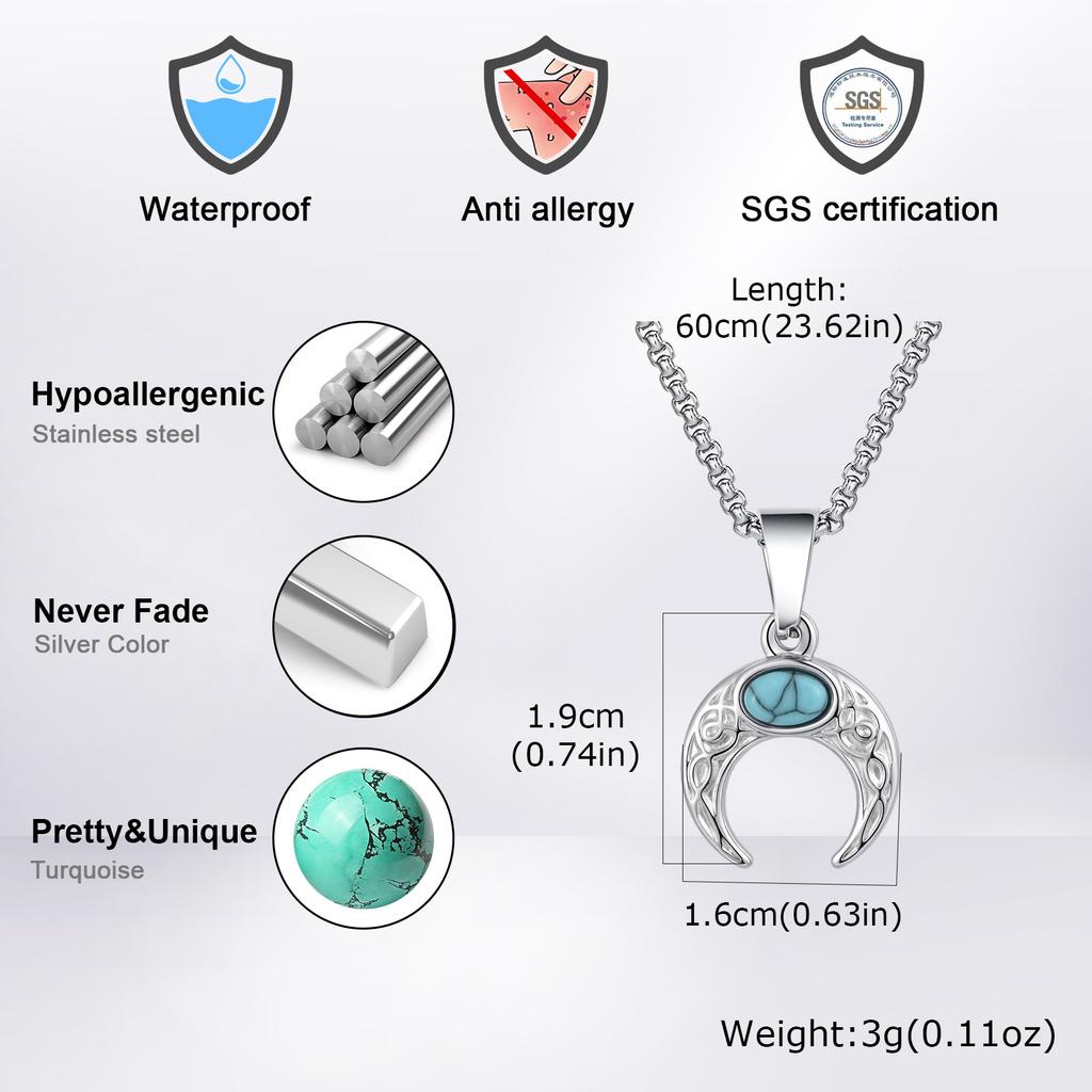 Vintage Green Natural Stone Necklace for Men Boys, Stainless Steel Moon Pendant Necklace, New Fashion Jewelry Gift