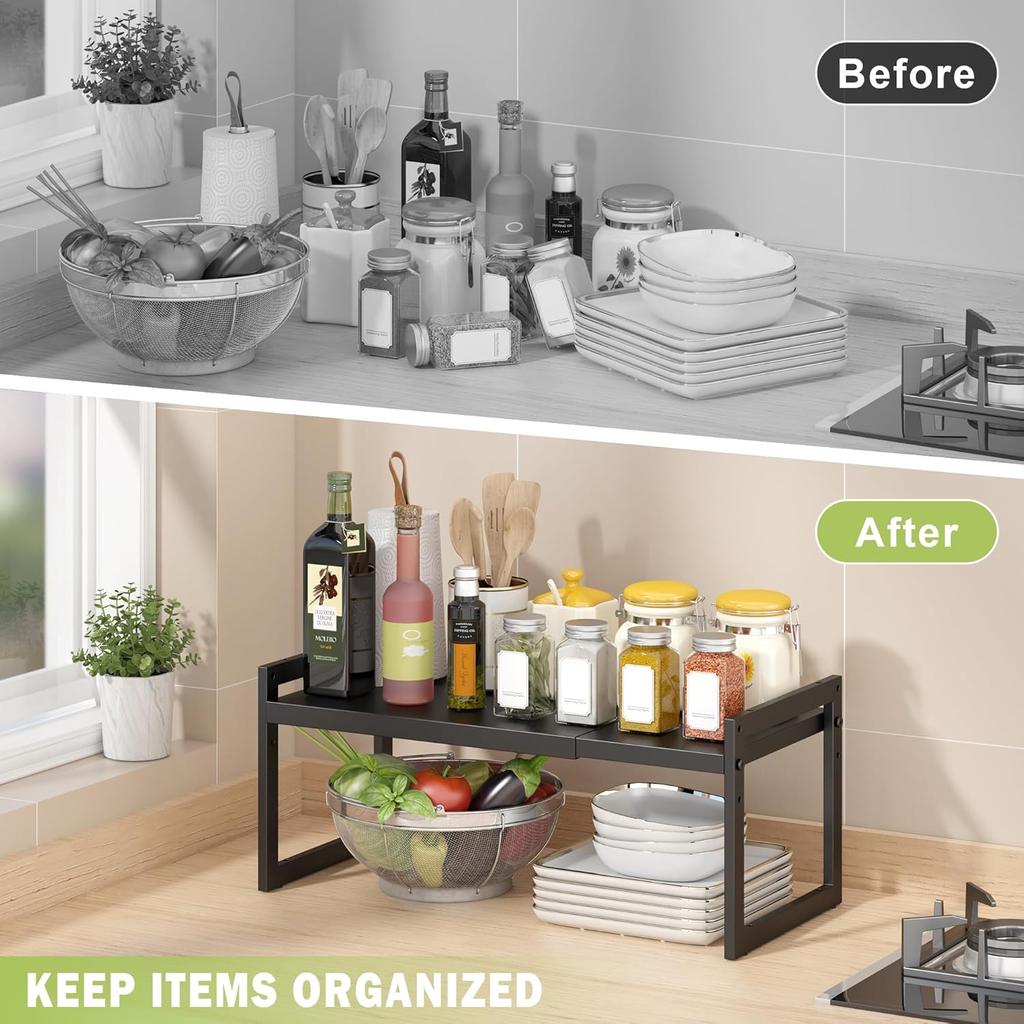 DOLALIKE Expandable kitchen Countertop Organizer, Stackable Cabinet Shelf Organizers, Space Saving Spice Rack Pantry Storage for Bathroom Office