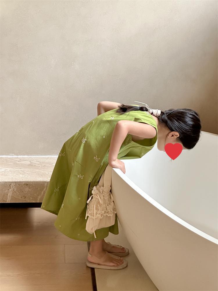 Ärmelloses Baby-Mädchen Prinzessinnenkleid im koreanischen Stil mit Schleife - Sommer Einfarbig