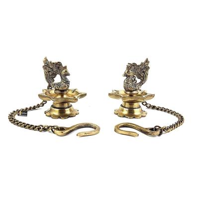 Brass Peacock Carved Hanging Diya Set, Antique Yellow -Pack of 2, Standard Latest