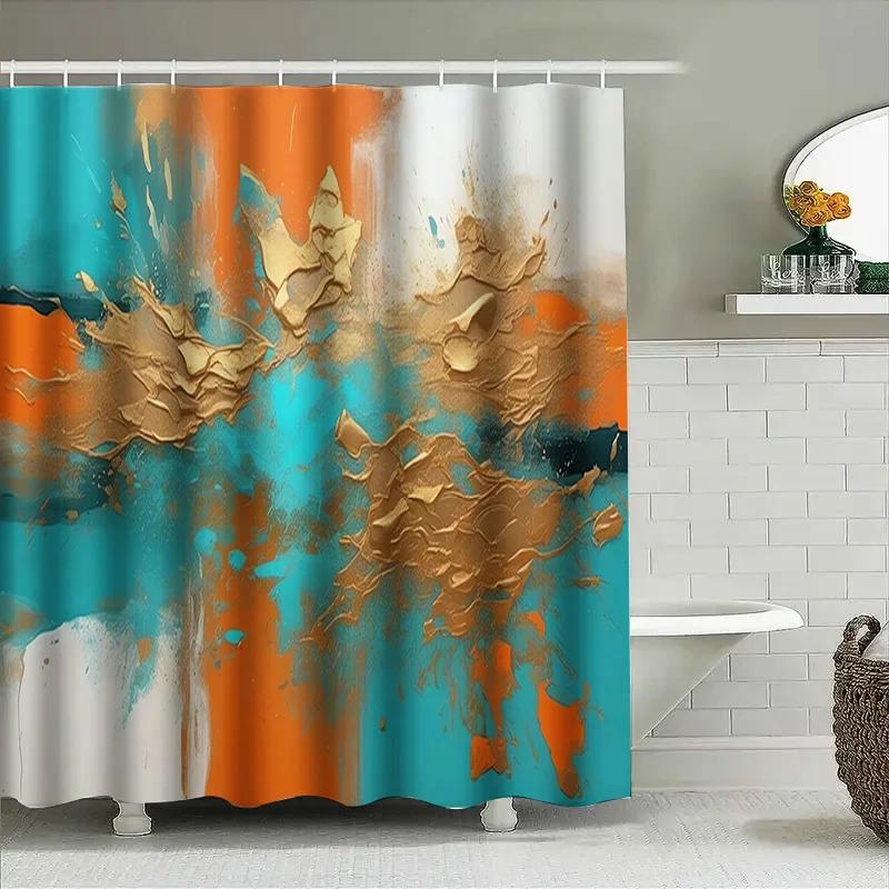 Artistic Shower Curtain Gold Orange Blue Abstract Design For Bathroom Decor Waterproof
