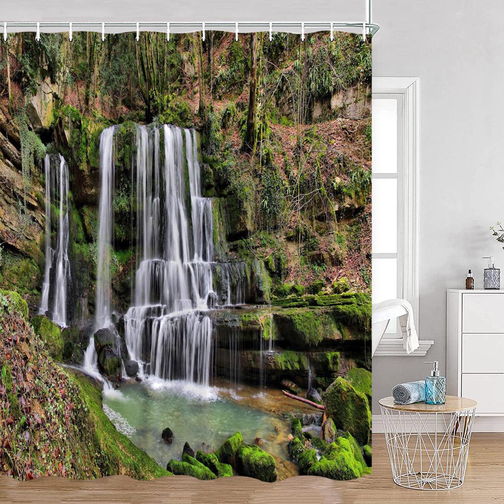 Waterfall Shower Curtains Natural Landscape Green Plants Forest Nature Greenery Home Decor for Bathroom Polyester Bath Curtain