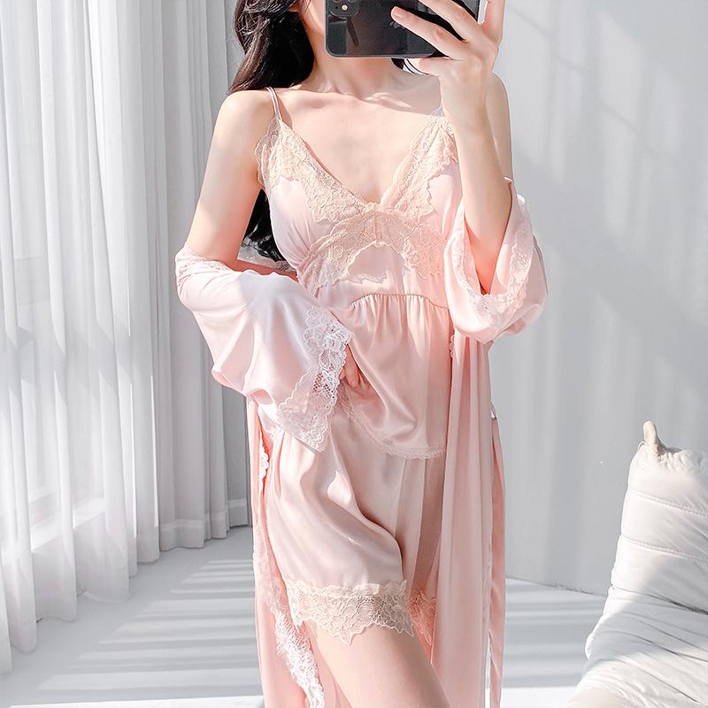 French pure desire lace pajamas women's summer ice silk suspender nightdress with blouse sexy loungewear