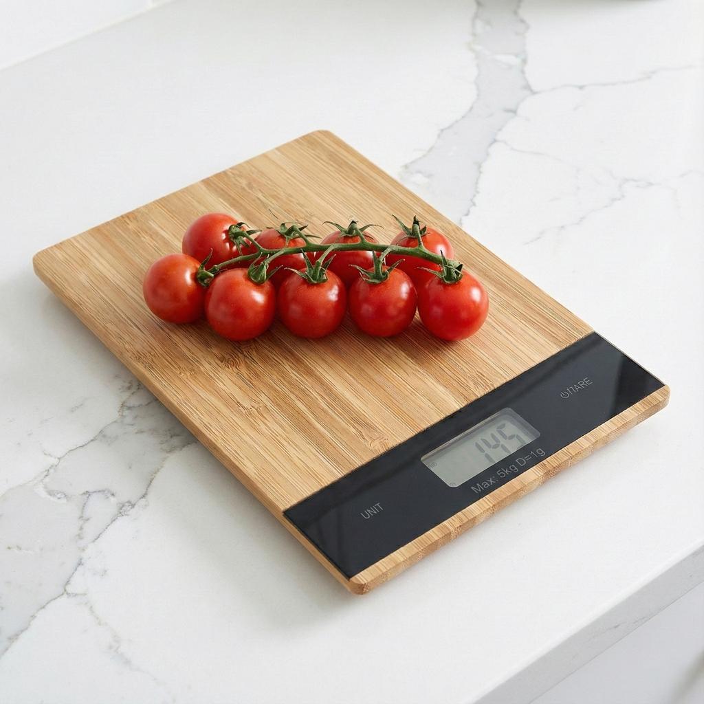 Waga kuchenna bambusowa elektroniczna precyzyjna 5kg 1g dotyk drewniana