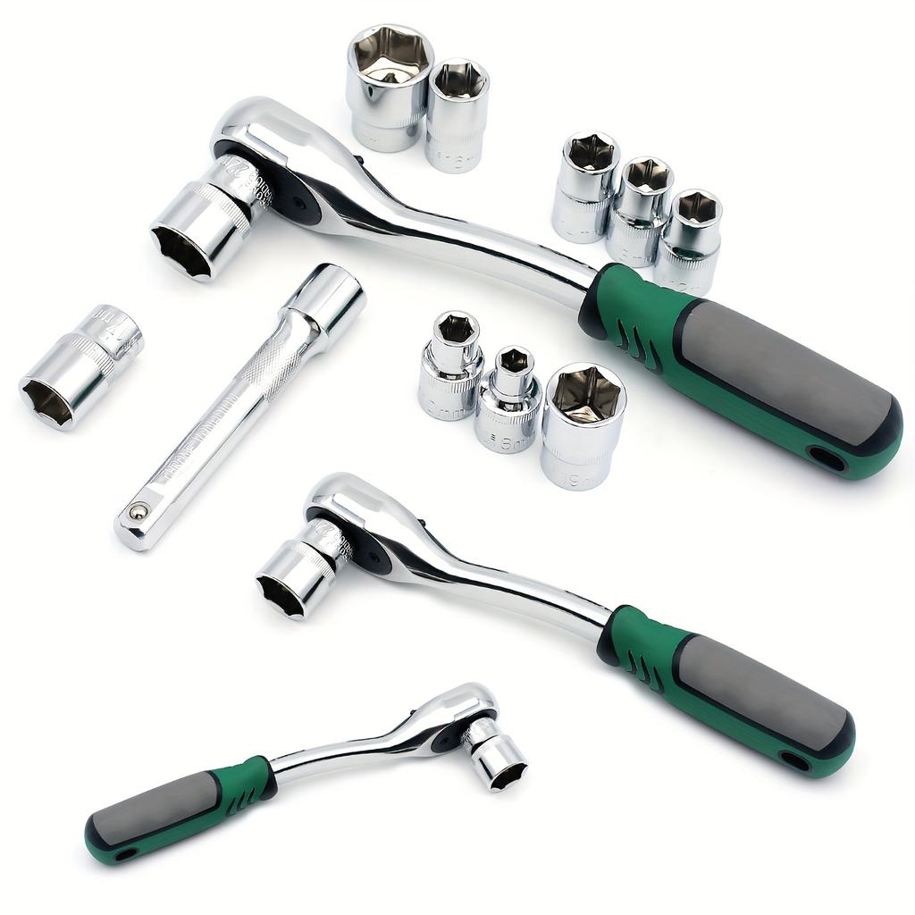 6 ks Sada ráčnových klíčů, 1/4"3/8"1/2" Ráčnový klíč 72 zubů Nástrčný klíč, Rychloupínací ráčnový klíč, Oboustranný, Kovový