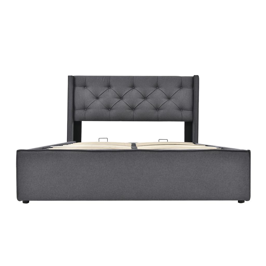 Hydraulic Double Bed, Upholstered, 140x200cm, Metal Slatted Frame, Modern, Storage Space, Cotton, Grey (With Mattress)