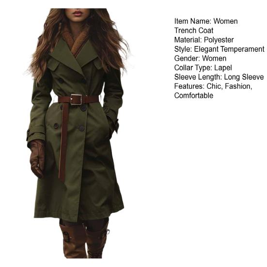 Женский тренч двубортный с лацканами с вырезом, классическое осеннее пальто, приталенного кроя, миди длины, с длинными рукавами, бушлат