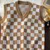 Decote em V Sem Mangas Acabamento Nervurado Estilo Universitário Colete Suéter Outono Inverno Xadrez Patchwork Cor Homens Colete de Malha