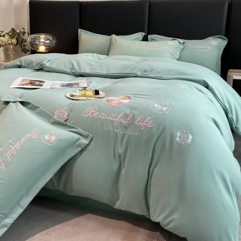 Luxury Soft Cotton Bedding Set With Embroidered Floral Design Brushed Finish Ruffled Hem Breathable Skin-Friendly All
