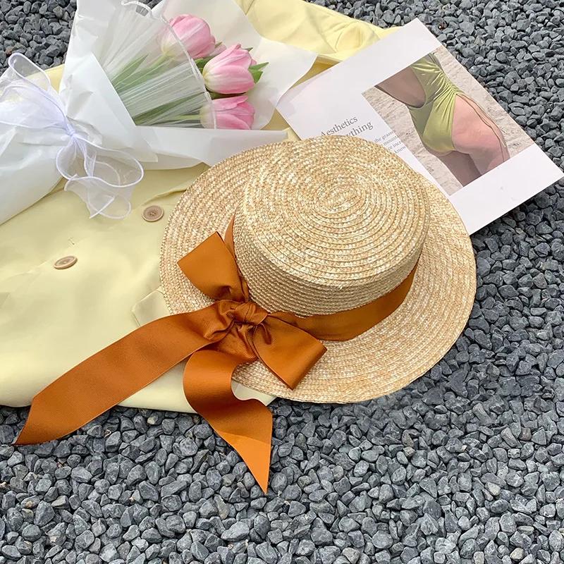 Summer 7cm Wide Brim Beach Hats Women Girl Classic Round Flat Topped Straw Hat Ribbon Bow Elegant Lady Sun Cap Chapeau Sombreros