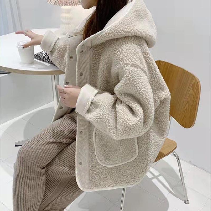 Imitation Lamb Wool Hooded Coat For Women Fall Winter Coat Button New Korean Style Small Loose Slimming And All-Matching Top