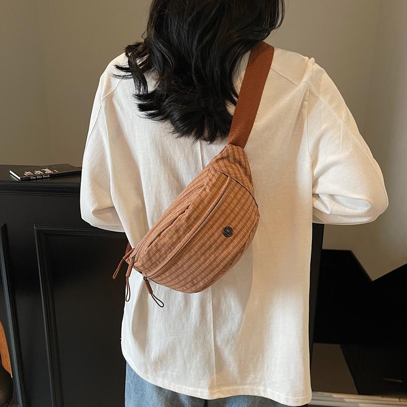 Grid Pattern Waist Bag Multiple Pockets Fashionable Crossbody Bag for Women Street Style Accessory