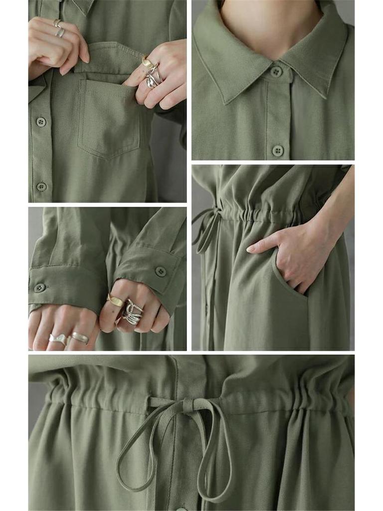 Women's Spring/Autumn Turn-Down Collar Maxi Shirt Dress - Long Sleeve, Solid Color, Casual